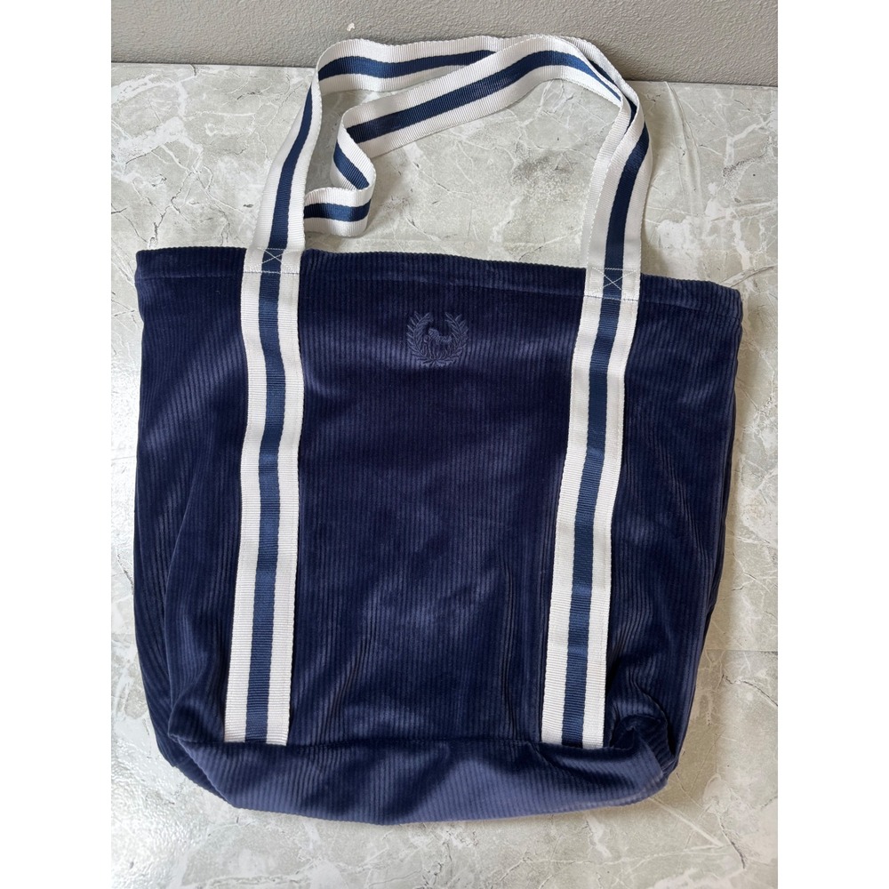 Victorias Secret PINK Navy Blue Corduroy Velour Tote Bag Striped Handles Logo